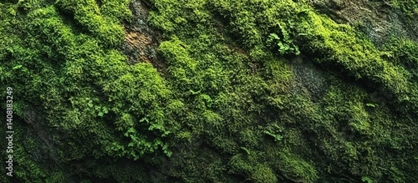 Fototapeta Close-up of dense green moss on rocky surface, organic textures, natural lighting highlighting depth and tranquility.