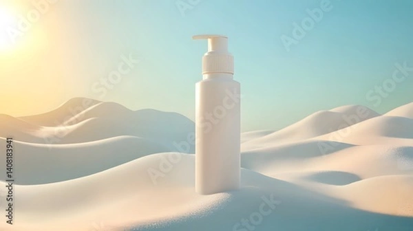Obraz white cream bottle placed on soft sand dunes under a bright summer sky, showcasing a clean and minimal skincare product concept with natural lifestyle aesthetics
