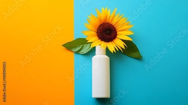 Obraz white cream bottle placed alongside a summer sunflower on a vibrant blue and yellow background, representing lifestyle and skincare product concept in a clean minimal design