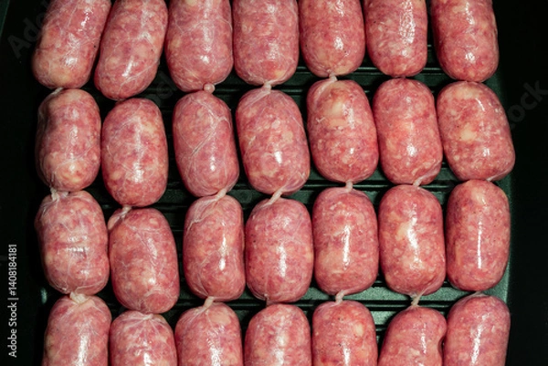 Fototapeta Raw Sausages Background on a Frying Pan. Process of Preparing Tasty Hotdogs. Unhealthy Food. Meat for Grill Barbeque