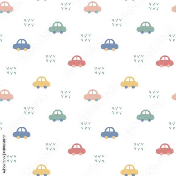 Fototapeta seamless minimal car toy repeat pattern in white background, flat vector illustration graphic design