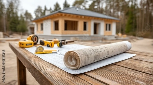Obraz Large rolled blueprint of modern single-family home, spread on outdoor site table at construction zone, surrounded by tools and measuring tape