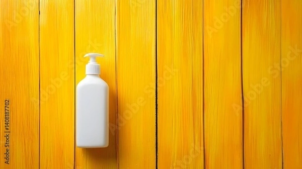 Obraz white cream bottle placed on a vibrant yellow wooden background, representing a bright summer lifestyle and minimal skincare concept