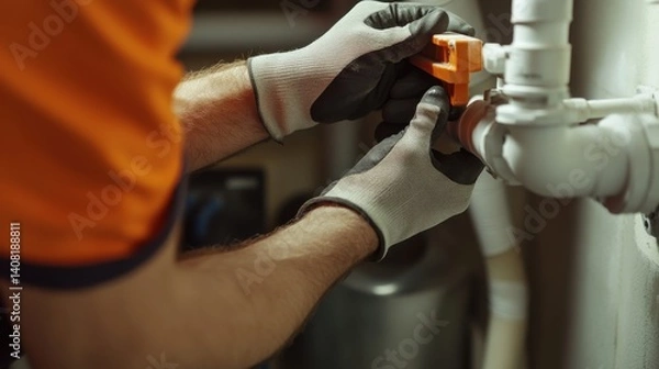 Fototapeta Plumber sealing a pipe connection in a basement. Featuring precision and safety