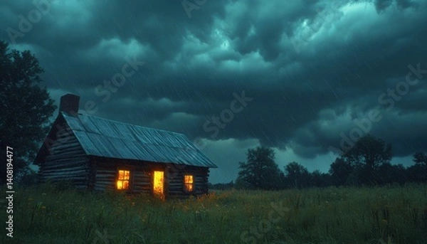 Fototapeta A rustic log cabin glows warmly under a stormy night sky rain falling softly on the field windows lit against the dark clouds a