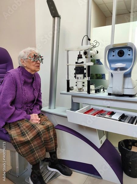 Fototapeta Optometry, slit lamp and eye exam by senior woman or patient with medical insurance using machine. Ophthalmology, eyesight and female test vision in clinic as eyecare during consultation