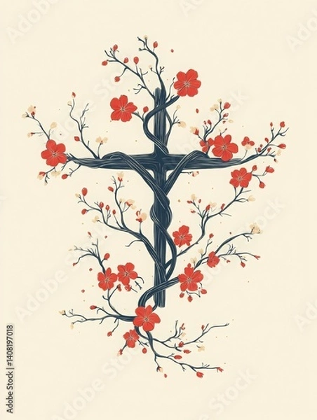 Fototapeta A Floral Easter: Cross and Blossoms Symbolizing Hope and Renewal, celebrating the Easter season with a blend of religious symbolism and the beauty of springtime.