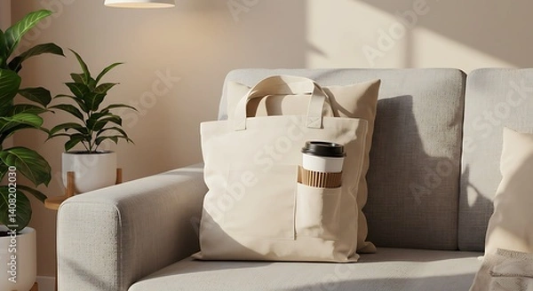 Fototapeta Canvas Tote Bag Mockup With Reusable Coffee Cup In Cozy Setting – Tote Bag Mockup for Eco Branding | High-quality mockup featuring canvas tote bag mockup with reusable coffee cup in cozy setting