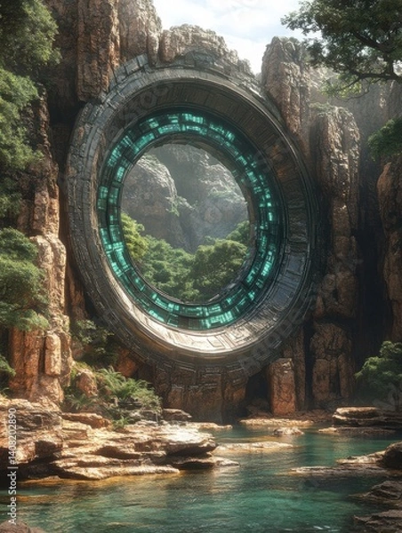 Fototapeta Cinematic view of the Stargate surrounded by lush greenery and water in a mesmerizing alien landscape Generative AI