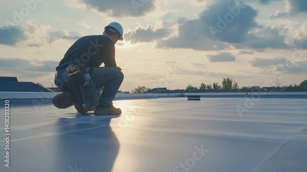 Obraz Roofing worker applying roof sealant on a flat roof. Featuring careful application and weather protection