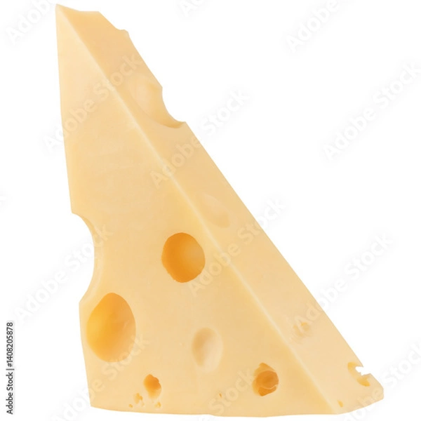 Fototapeta A triangular portion of a piece of cheese with holes in it