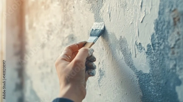 Fototapeta Painter touching up the edges of a painted wall. Featuring detail and skill