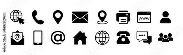 Fototapeta Contact us icons. Simple vector icons set on white background. Phone, smartphone, email, location, house, globe, address, chat. Vector 10 eps.