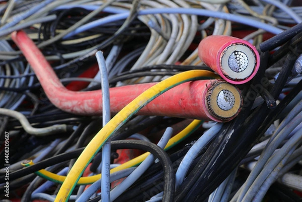 Obraz used electric cables in the container of the recycling center for the separate collection of recyclable waste and to recover the copper
