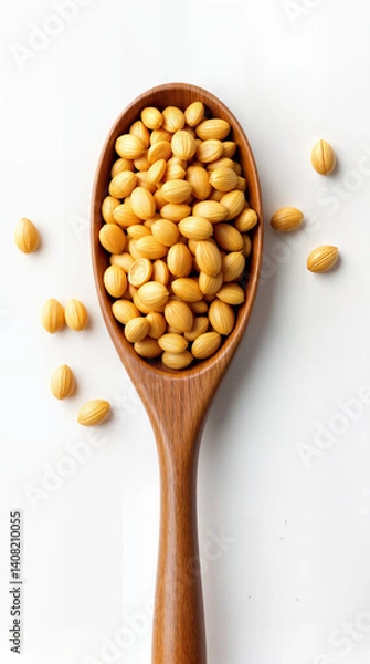 Obraz Wooden spoon with dry grains on white background