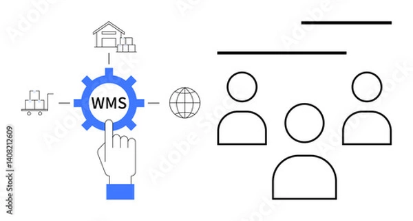 Obraz Gear icon labeled WMS, hand clicking, warehouse, truck, globe icons on left, team icons on right. Ideal for logistics, collaboration automation inventory technology workflow teamwork. Flat