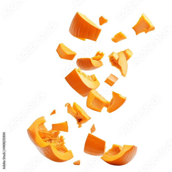 Obraz Falling pumpkin chunks. Isolated white background. Png format