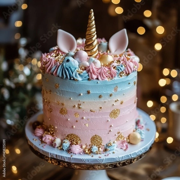 Obraz Tall unicorn cake with pastel pink and blue ombre frosting, golden glitter accents, and decorative ears and horn on top