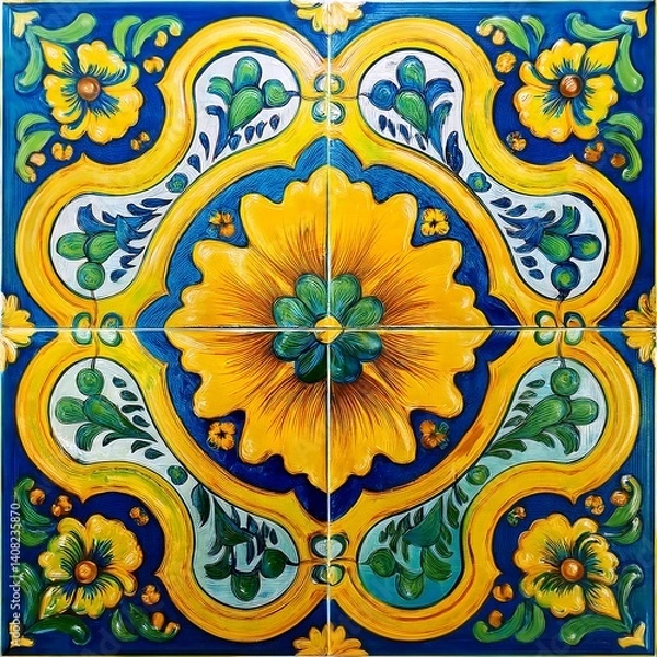 Fototapeta Colorful Ceramic Mexican Tile with Floral Patterns and Ornate Artistic Details on Yellow Background. Cinco de Mayo. AI Generated