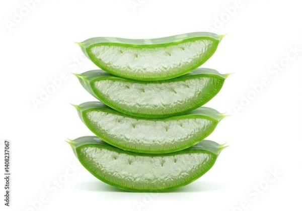 Fototapeta A stack of four aloe vera slices on a white background showing the translucent gel inside the leaves