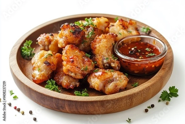 Fototapeta Chicken wings on wooden plate with dipping sauce and parsley garnish against white background close up view