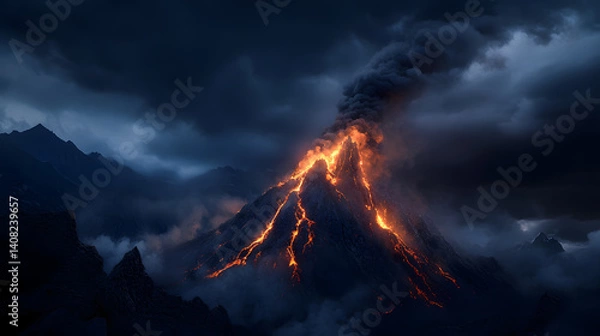 Fototapeta A volcanic mountain towering against a stormy sky, with lava cascading down the rocky slopes and smoke billowing from the summit.