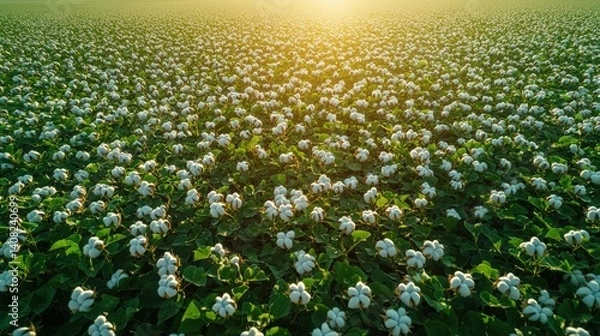Fototapeta Blooming cotton field panorama captures soft sunlight in early season