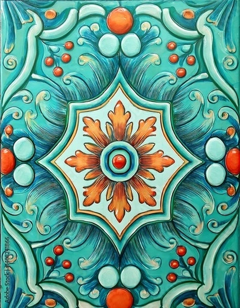 Fototapeta Colorful Ornamental Mexican Design With Floral and Abstract Patterns in Turquoise Tones. Cinco de Mayo. AI Generated