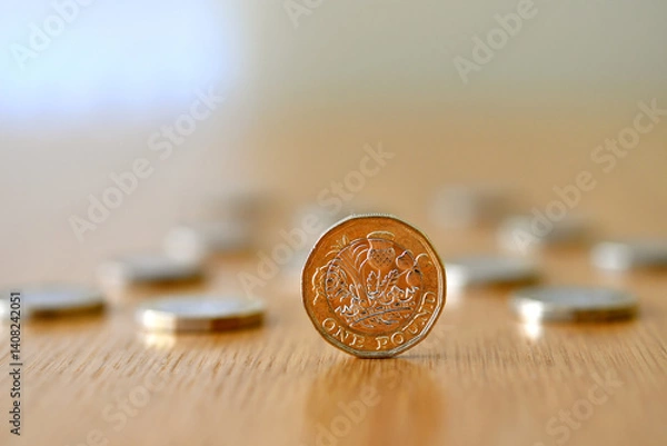 Fototapeta Single British one pound coin standing on its edge on a desk with other coins lying flat in a defocussed  background