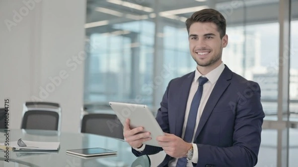 Obraz Young man in suit holding tablet computer, looking professional and confident in office setting.