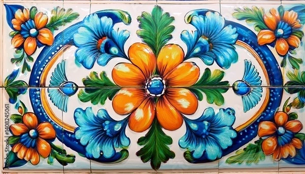 Fototapeta Vibrant Ceramic Tile Design with Hummingbirds and Floral Motifs. AI Generated