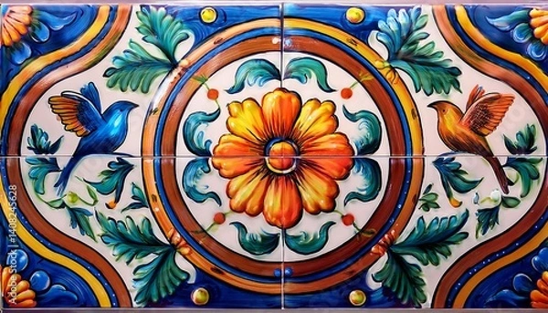 Fototapeta Vibrant Ceramic Tile Design with Hummingbirds and Floral Motifs. AI Generated