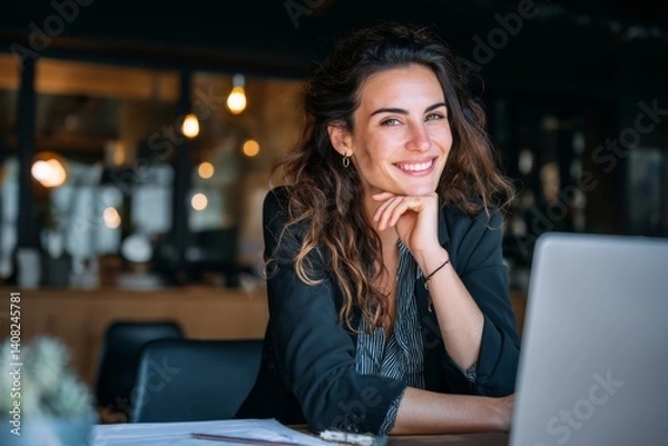 Obraz A beautiful, smiling businesswoman sits at a desk with a laptop, looking at the camera.