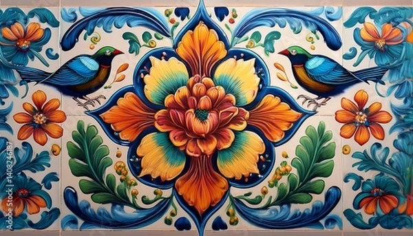 Fototapeta Vibrant Ceramic Tile Design with Hummingbirds and Floral Motifs. AI Generated
