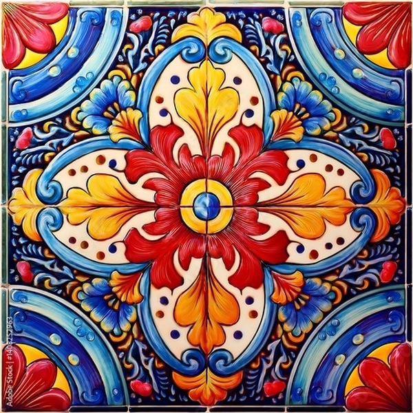 Fototapeta Ornate Mexican tile artwork, traditional Talavera style with radial floral symmetry, vibrant pattern. AI Generated