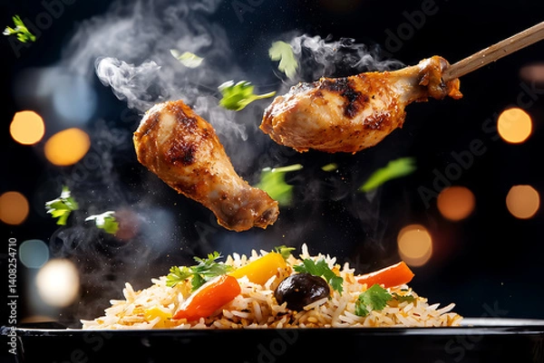 Fototapeta Steaming chicken drumsticks suspended over seasoned rice garnished with fresh herbs against a bokeh-lit backdrop.