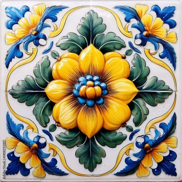Fototapeta Intricate Mexican Floral Design with Yellow Flowers and Blue Birds Patterns. AI Generated