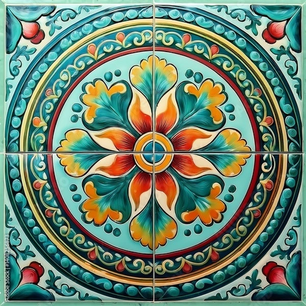 Fototapeta Intricate Colorful Tile Design With Floral and Geometric Patterns. AI Generated