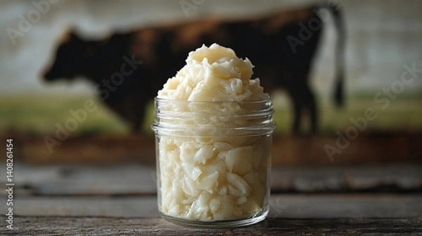 Fototapeta Creamy beef tallow in a glass jar with a rustic cow silhouette background