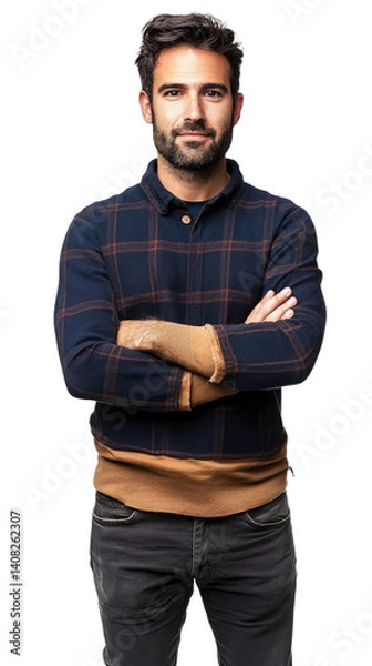 Obraz Confident man in casual attire with arms crossed against white background