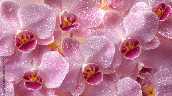 Obraz Delicate pink orchids adorned with water droplets.