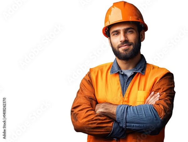 Obraz Confident construction worker in safety gear smiling with arms crossed