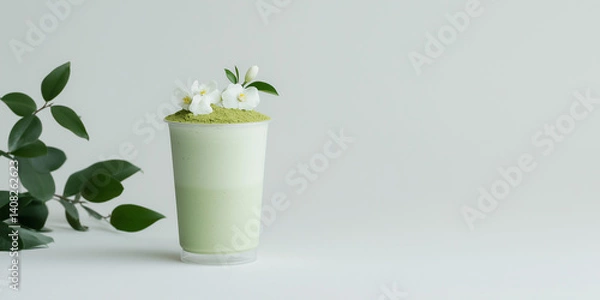 Fototapeta Matcha Delight: A refreshing matcha latte is presented, adorned with delicate white flowers, symbolizing tranquility and the pure essence of refreshment and an aesthetic experience.