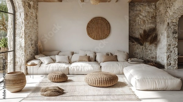 Fototapeta Boho chic living room with natural textures high resolution picture