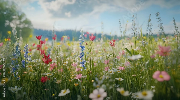 Obraz Vibrant meadow flowers under a summer sky.
