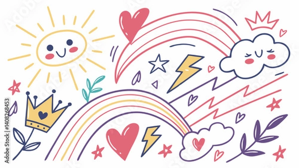Fototapeta Whimsical Rainbow Doodle Art Sun, Hearts, Crowns, and Clouds