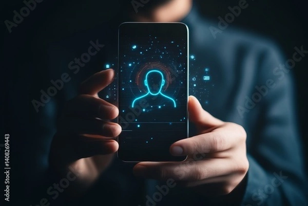 Fototapeta Person holding a smartphone with a glowing blue human figure displayed on the screen in a dark environment