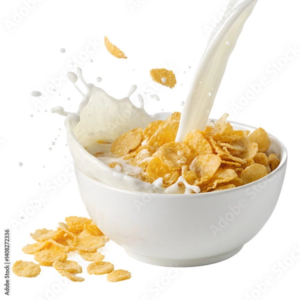 Obraz Watercolor Corn flakes with milk splash in  bowl  isolated white background
