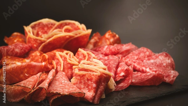 Fototapeta Different kinds of meat cuts on a board.