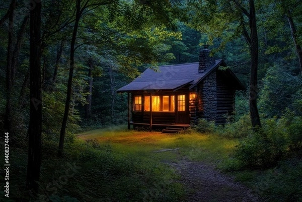 Fototapeta A house in the heart of the forest is surrounded by trees, the branches of which are gently illuminated by warm light from within.